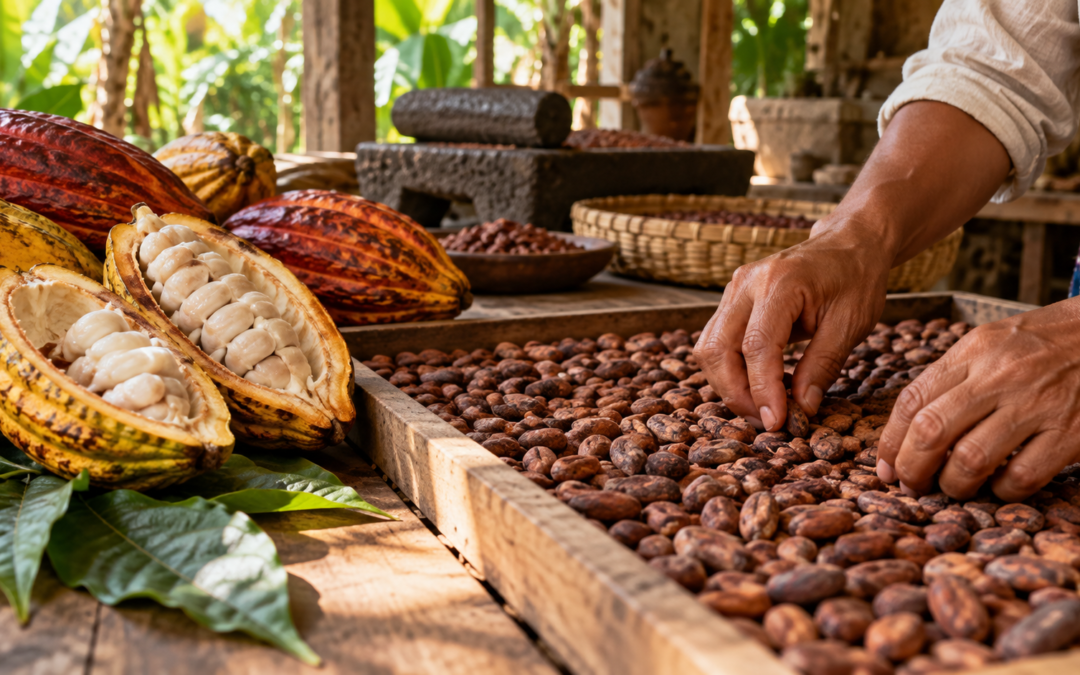 Experiencia gastronómica mexicana en una feria culinaria, ilustración para hablar de cacao y diversidad de sabores