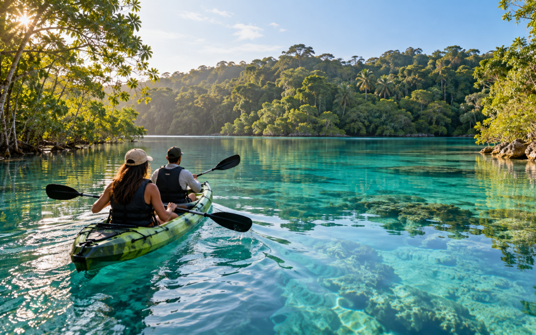 Personas en kayak en una laguna, imagen para una nota sobre visitas responsables a ecosistemas acuáticos