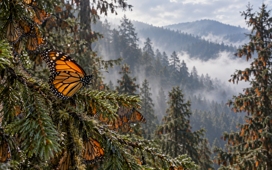 Mariposa monarca en vuelo, ilustración sobre su migración y los bosques donde hiberna