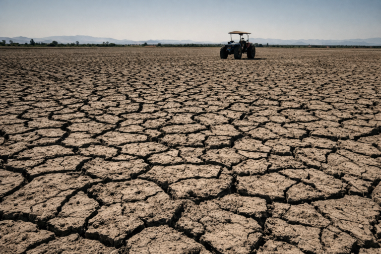 Campo seco y tractor solitario