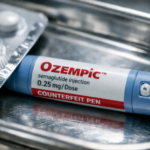 Frasco falso de Ozempic y pastillas