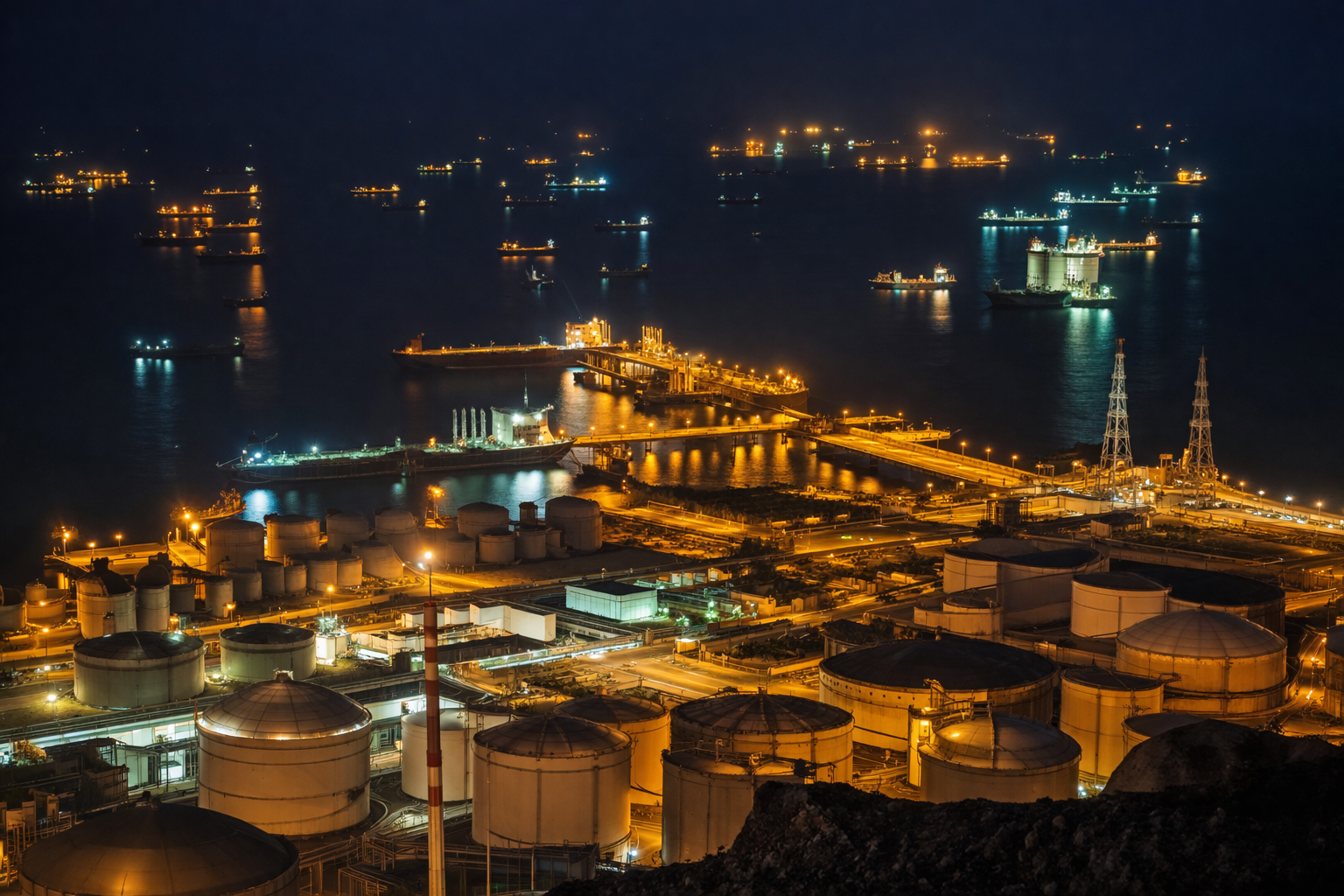 Puerto industrial nocturno iluminado