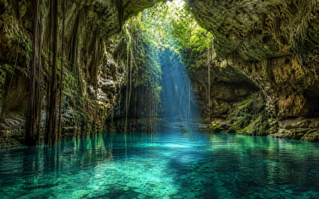 Cenote de agua turquesa entre rocas calizas y raíces en Yucatán