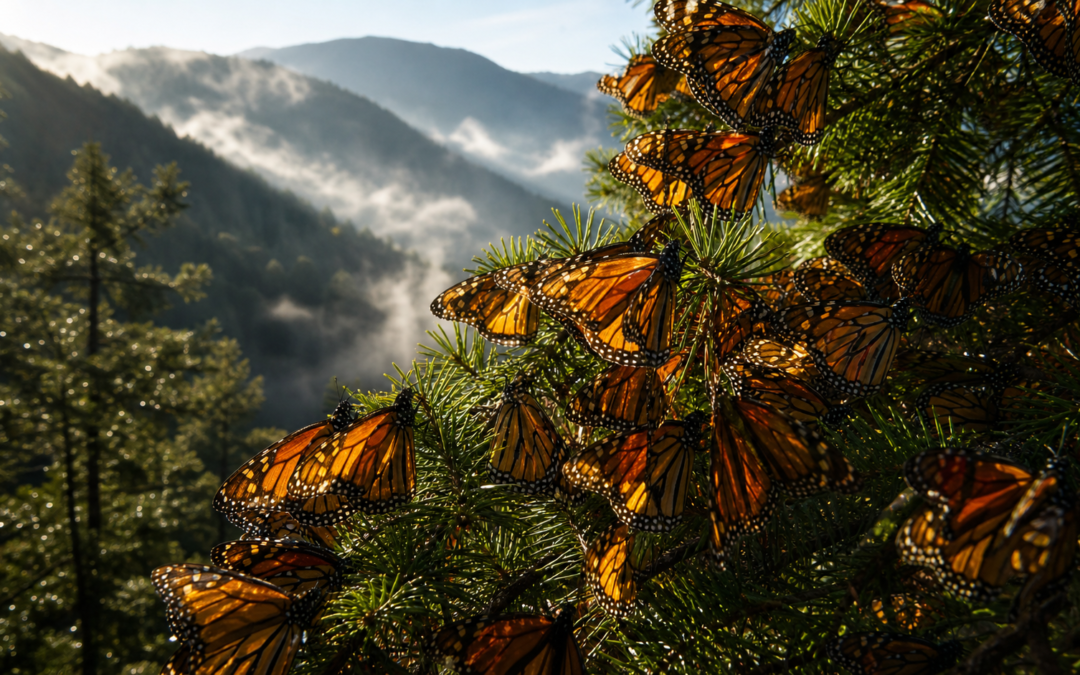 Mariposas monarca descansan sobre ramas de oyamel en un bosque del centro de México