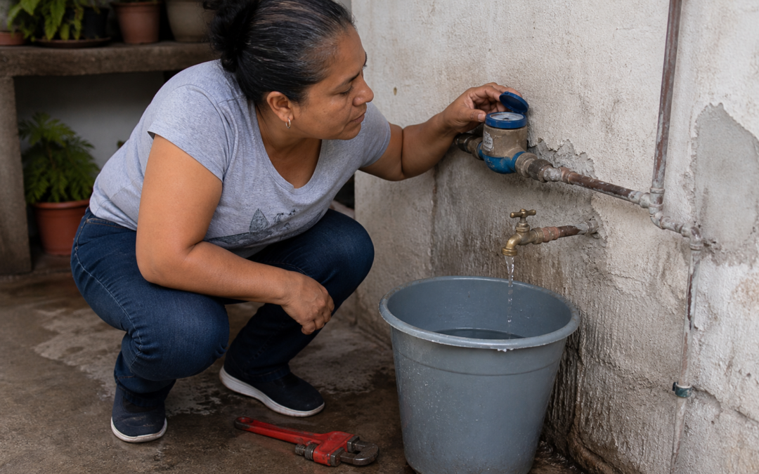 Persona revisa el medidor y una llave de agua mientras busca una fuga doméstica