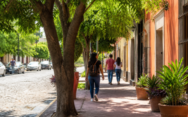 Calle urbana con árboles maduros que proyectan sombra sobre peatones, vehículos y una banqueta de concreto.