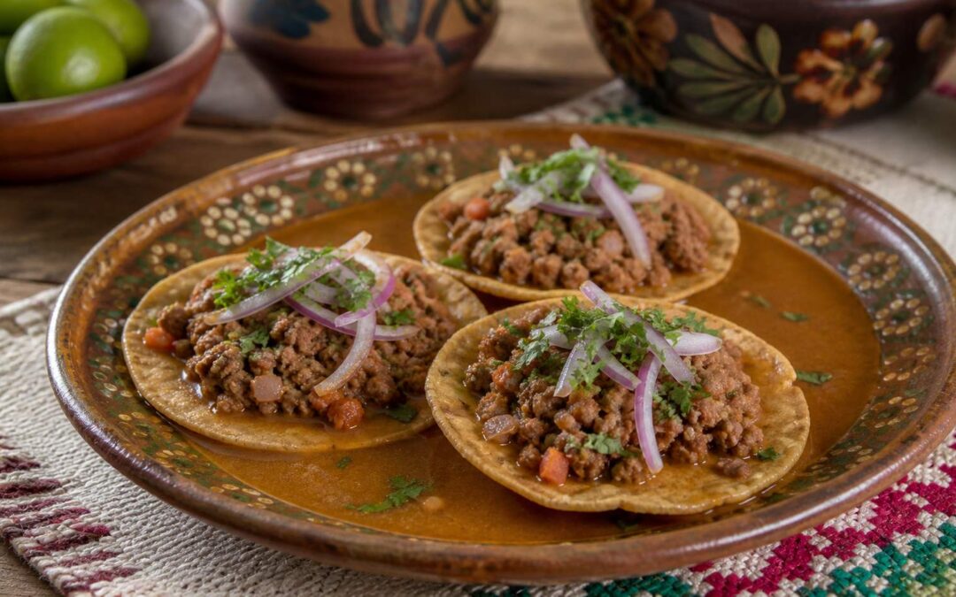 Sopitos de Colima con picadillo, cebolla y cilantro bañados en jugo sobre un plato de barro