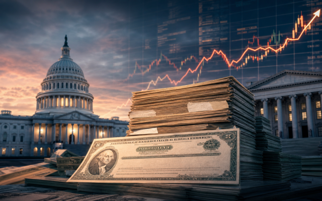 Ilustración de la deuda federal de Estados Unidos y el aumento de los rendimientos de los bonos del Tesoro