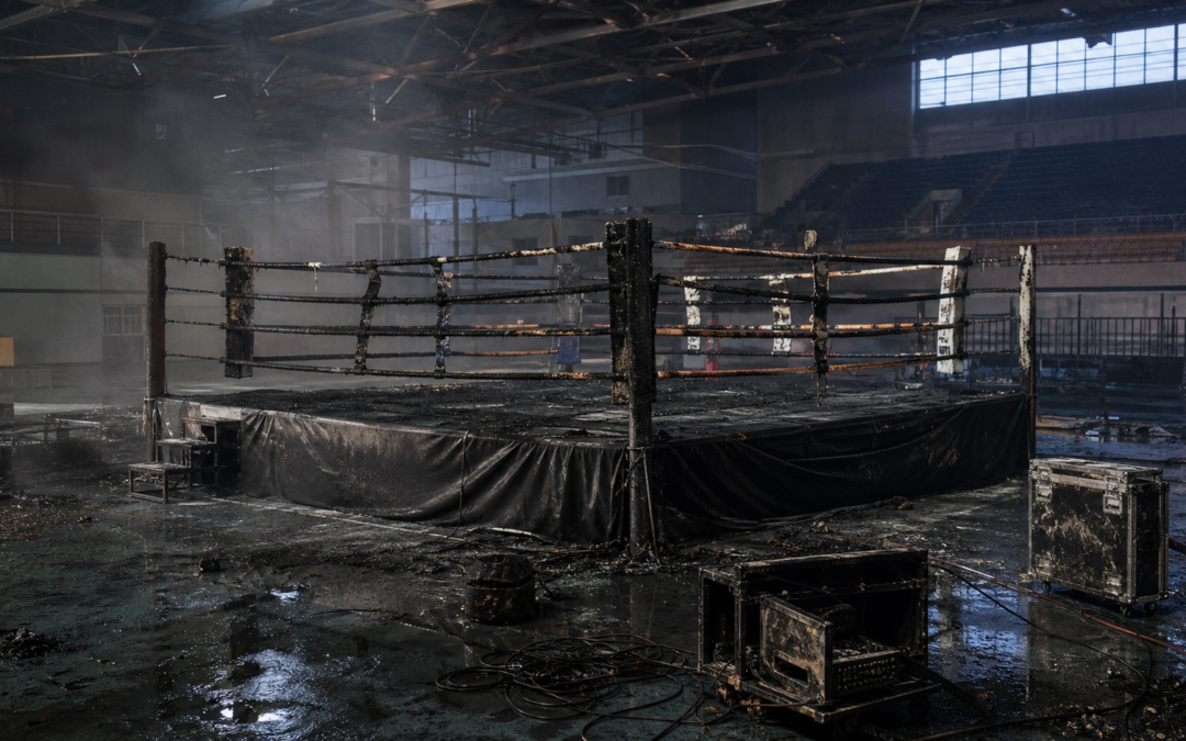 Ring de boxeo quemado y equipo de montaje afectado dentro de un recinto deportivo; imagen ilustrativa
