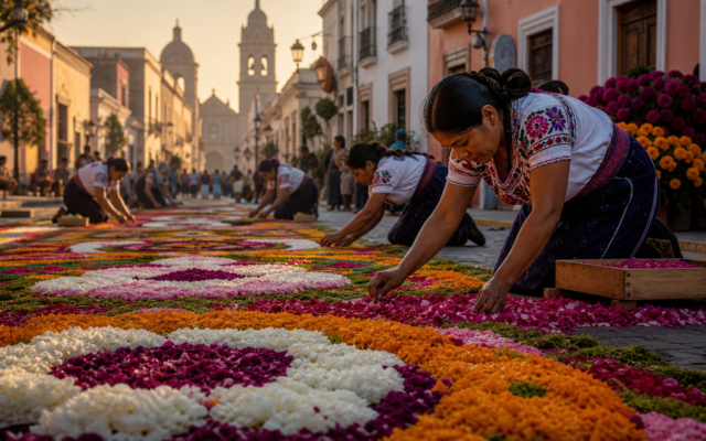 Artesanas elaboran tapetes monumentales de flores durante la Feria de la Dalia en Huamantla