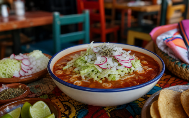 Pozole rojo mexicano servido con lechuga, rábanos, cebolla y tostadas