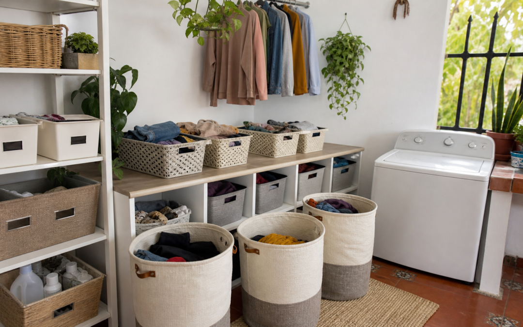 Área de lavandería organizada con canastos para separar ropa y estantes para mantener el orden.