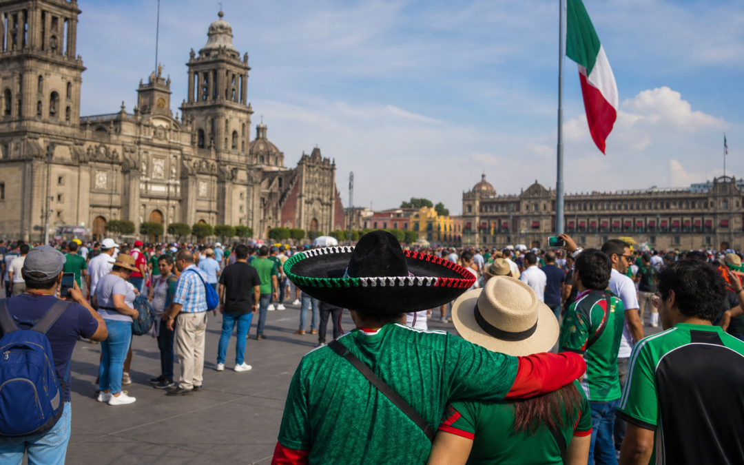 Visitantes y aficionados conviven en una plaza histórica de México durante el Mundial 2026