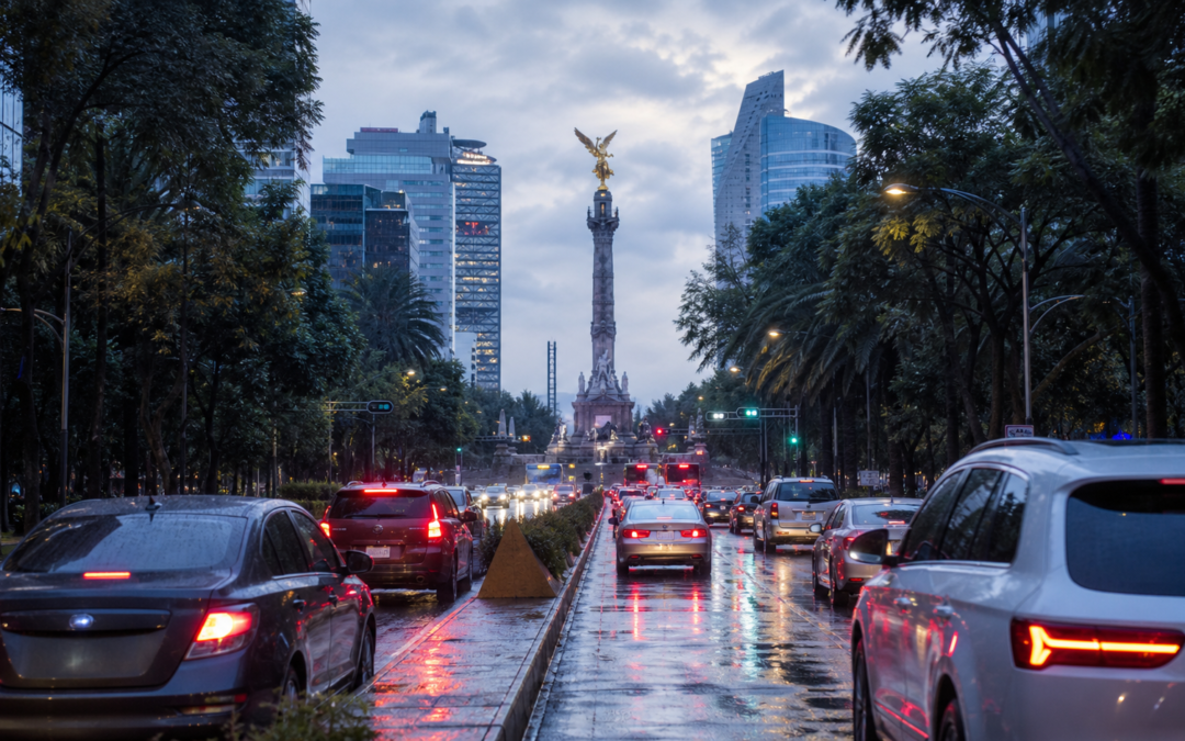 Avenida de la Ciudad de México con tráfico matutino, pavimento mojado y cielo nublado tras la lluvia.