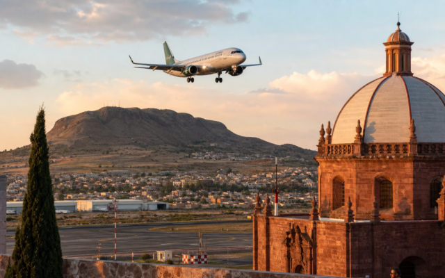 Avión de Mexicana de Aviación sobre Zacatecas, ilustración editorial de la nueva ruta hacia el AIFA