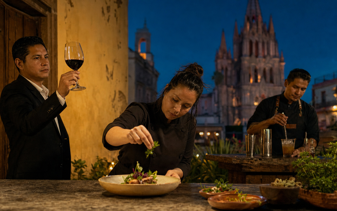 Chef termina un plato mientras un sommelier levanta una copa de vino guanajuatense y un mixólogo trabaja al fondo, con arquitectura de San Miguel de Allende.