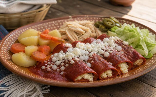 Enchiladas mineras de Guanajuato con salsa de chile guajillo, queso, pollo, papas y zanahorias en plato de barro