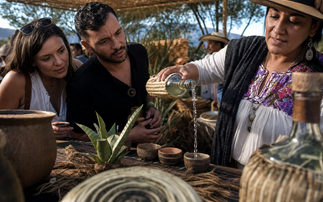 Productor vierte mezcal en una copita mientras visitantes observan la degustación en un festival al aire libre con agaves y artesanía regional.