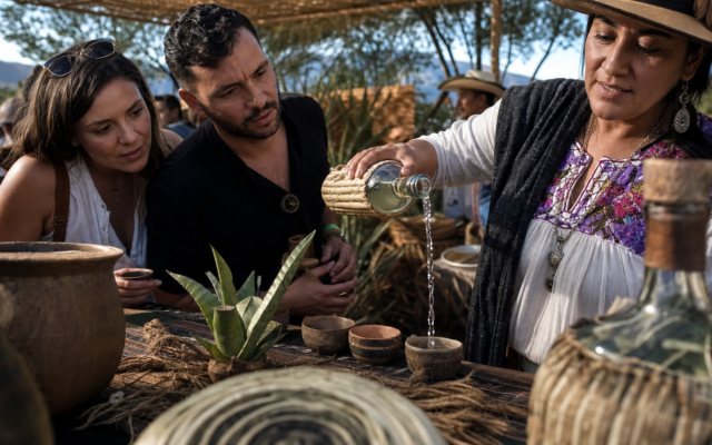 Productor vierte mezcal en una copita mientras visitantes observan la degustación en un festival al aire libre con agaves y artesanía regional.
