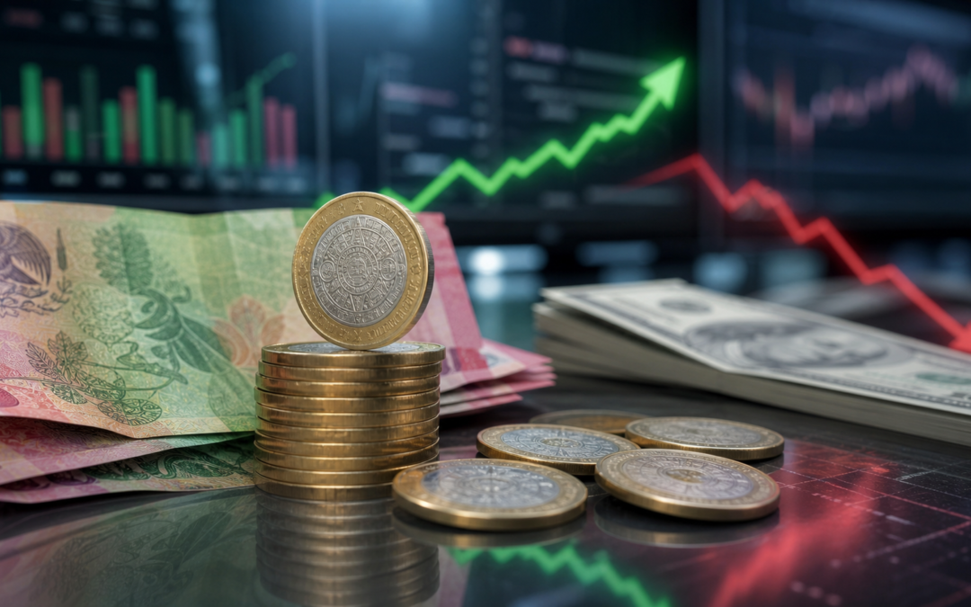 Monedas y billetes mexicanos frente a dólares y gráficas de mercado que ilustran la fortaleza del peso