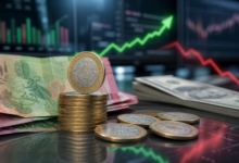 Monedas y billetes mexicanos frente a dólares y gráficas de mercado que ilustran la fortaleza del peso