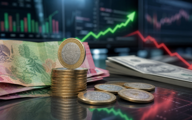 Monedas y billetes mexicanos frente a dólares y gráficas de mercado que ilustran la fortaleza del peso