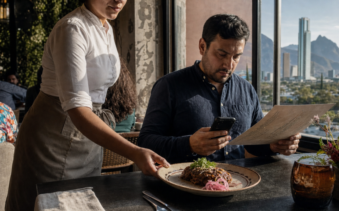 Mesero acerca un plato a una mesa mientras una persona revisa el menú y calcula el gasto en su teléfono, en un restaurante urbano de San Pedro Garza García.