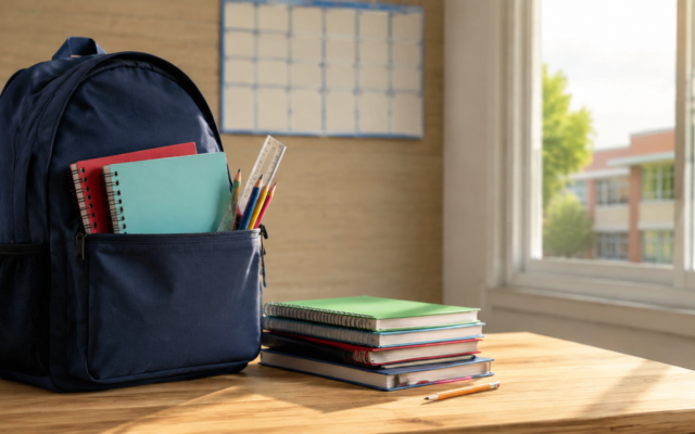 Mochila y cuadernos sobre un escritorio frente a una escuela urbana, imagen editorial sobre el inicio del ciclo escolar.