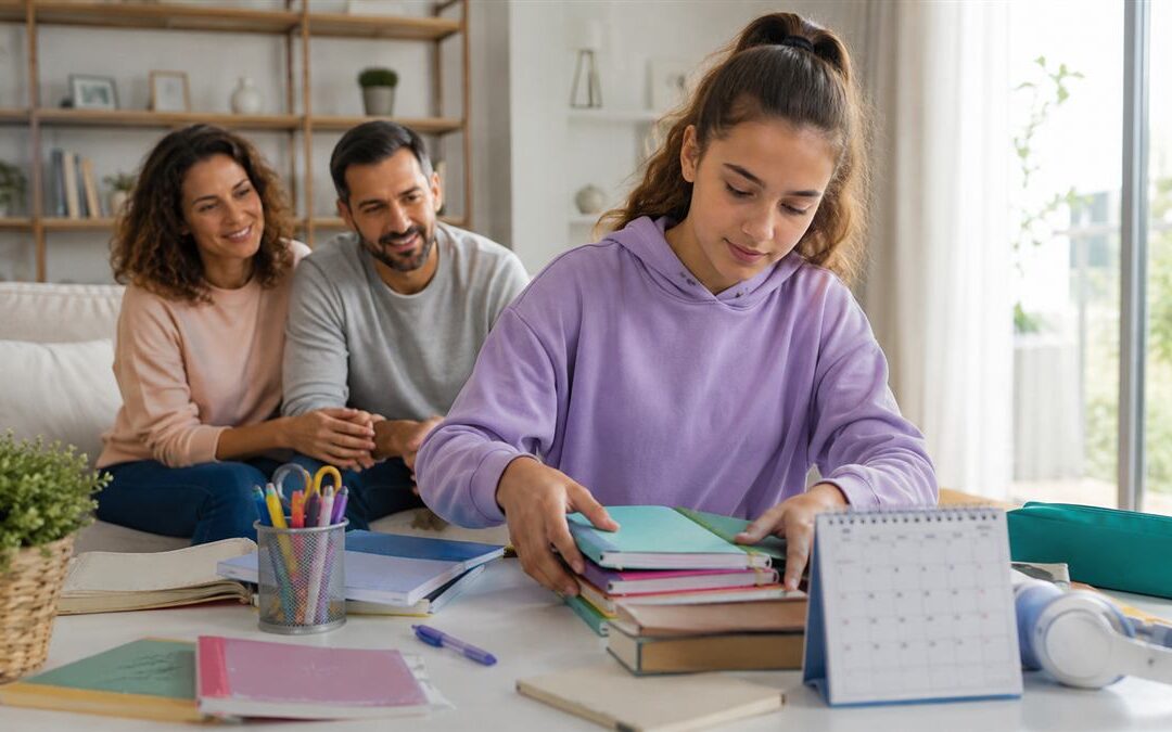 Estudiante organiza libros, calendario y materiales escolares en un escritorio iluminado
