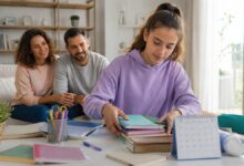 Estudiante organiza libros, calendario y materiales escolares en un escritorio iluminado