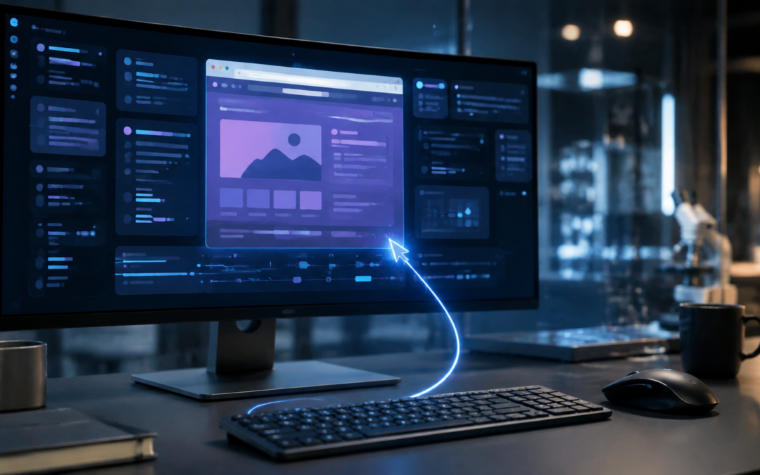 Monitor de computadora con interfaces abstractas y un cursor luminoso que representa el uso de computadora por inteligencia artificial