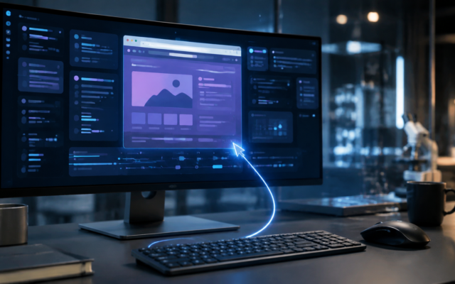 Monitor de computadora con interfaces abstractas y un cursor luminoso que representa el uso de computadora por inteligencia artificial