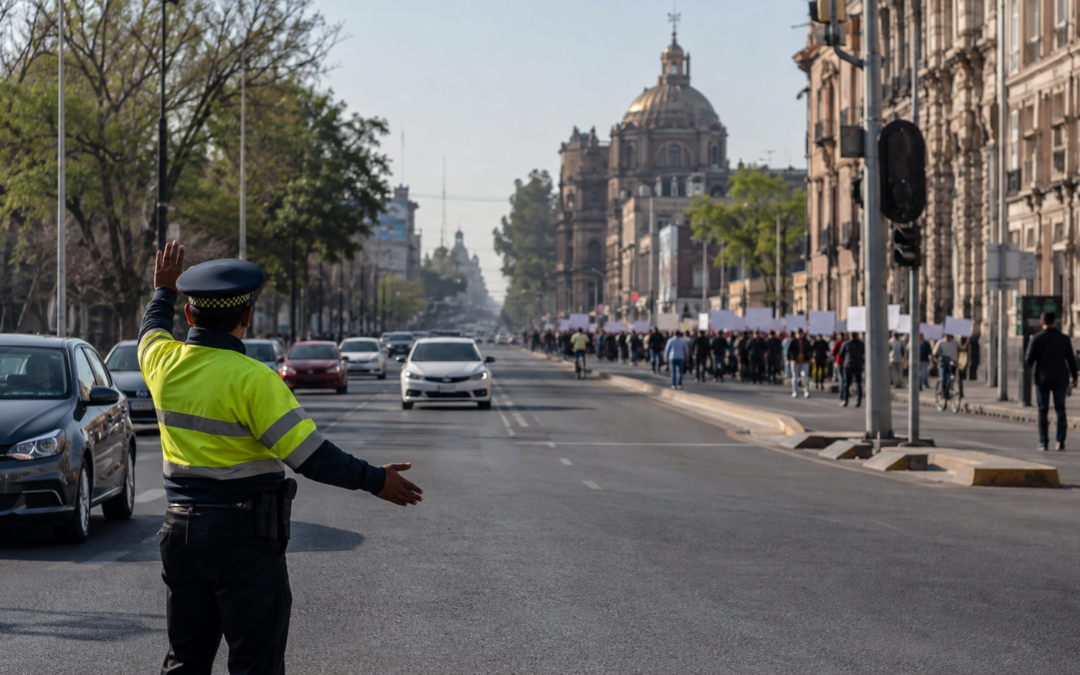 Agente de tránsito dirige la circulación durante una movilización en la Ciudad de México
