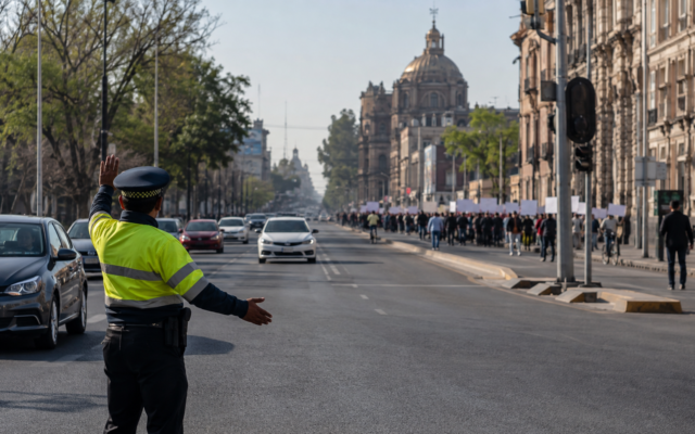 Agente de tránsito dirige la circulación durante una movilización en la Ciudad de México