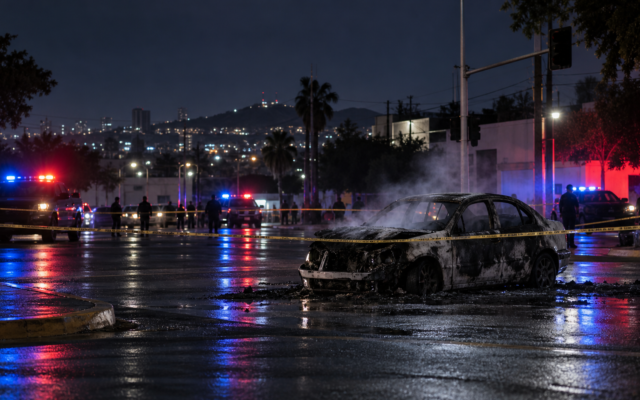 Calle de Culiacán acordonada por autoridades durante un reporte nocturno de seguridad, con un automóvil calcinado y luces de emergencia al fondo.