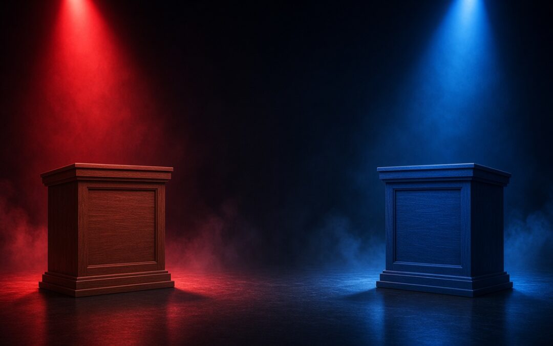 Dos podios de madera vacíos frente a frente, uno iluminado en rojo y otro en azul