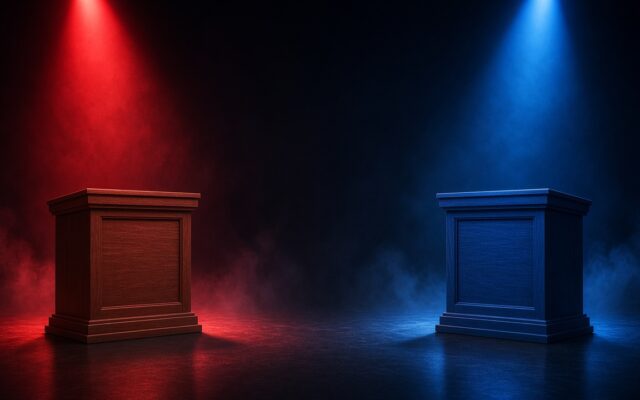 Dos podios de madera vacíos frente a frente, uno iluminado en rojo y otro en azul