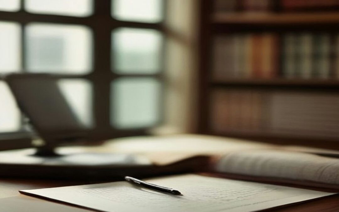 Hojas de documentos con una pluma sobre un escritorio de madera junto a una ventana, con libreros llenos de libros al fondo