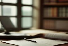 Hojas de documentos con una pluma sobre un escritorio de madera junto a una ventana, con libreros llenos de libros al fondo