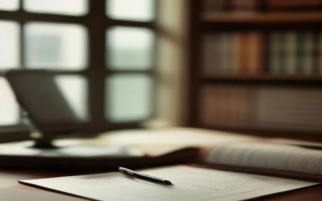 Hojas de documentos con una pluma sobre un escritorio de madera junto a una ventana, con libreros llenos de libros al fondo