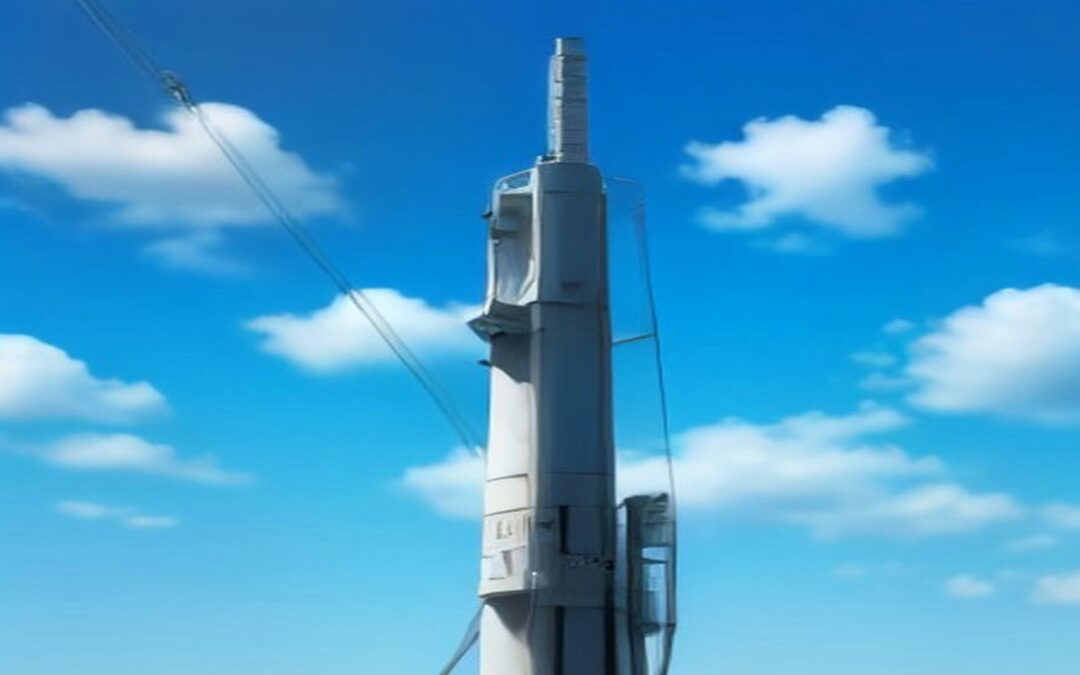 Torre de antenas de telefonía vista desde abajo contra un cielo azul con nubes blancas