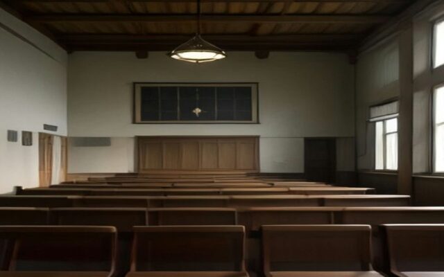 Sala amplia con bancas de madera alineadas, un estrado al fondo y luz natural entrando por ventanas altas