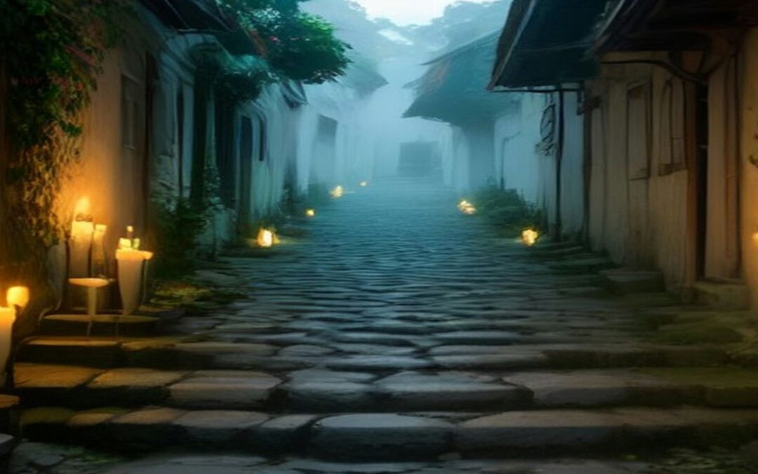 Velas blancas encendidas y flores blancas sobre un escalón de piedra en una calle empedrada empinada de un pueblo colonial al amanecer con neblina
