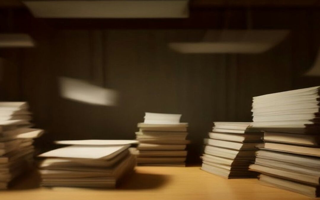 Pilas altas de expedientes de papel atados con cordón sobre un escritorio de madera en un archivo judicial silencioso con luz cálida de lámpara