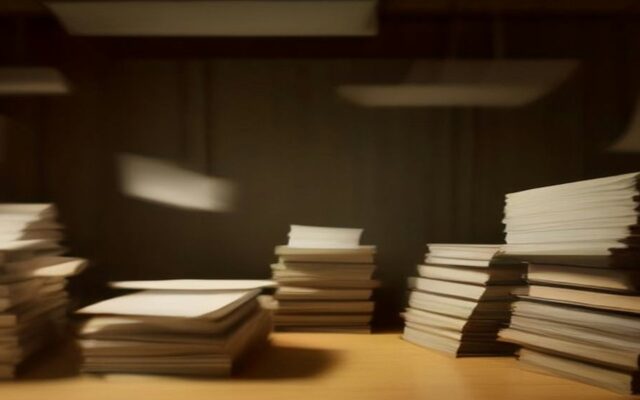 Pilas altas de expedientes de papel atados con cordón sobre un escritorio de madera en un archivo judicial silencioso con luz cálida de lámpara