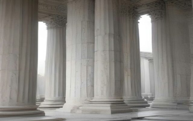 Hilera de columnas de mármol blanco en un edificio de estilo clásico con luz difusa