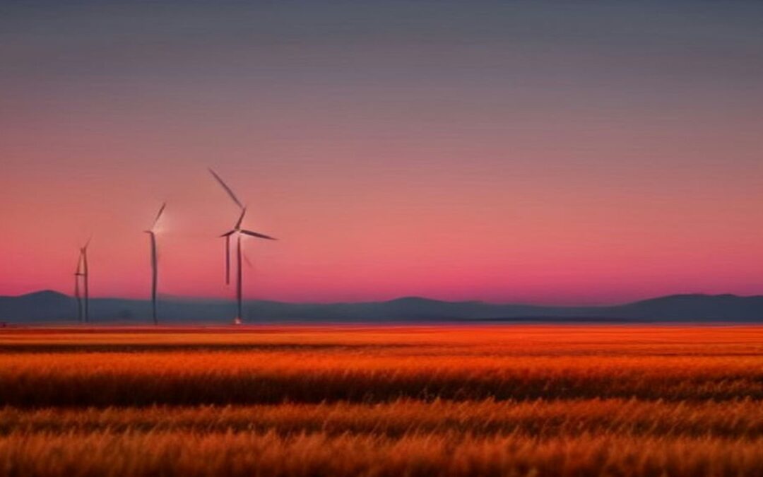 Aerogeneradores a lo lejos sobre una planicie de pasto seco bajo un cielo rojizo al atardecer