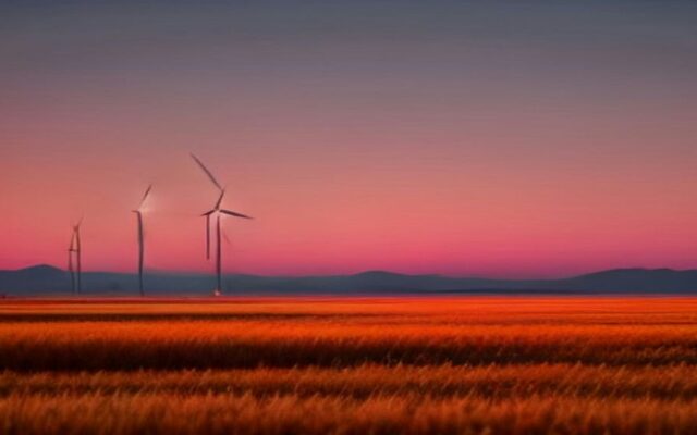 Aerogeneradores a lo lejos sobre una planicie de pasto seco bajo un cielo rojizo al atardecer