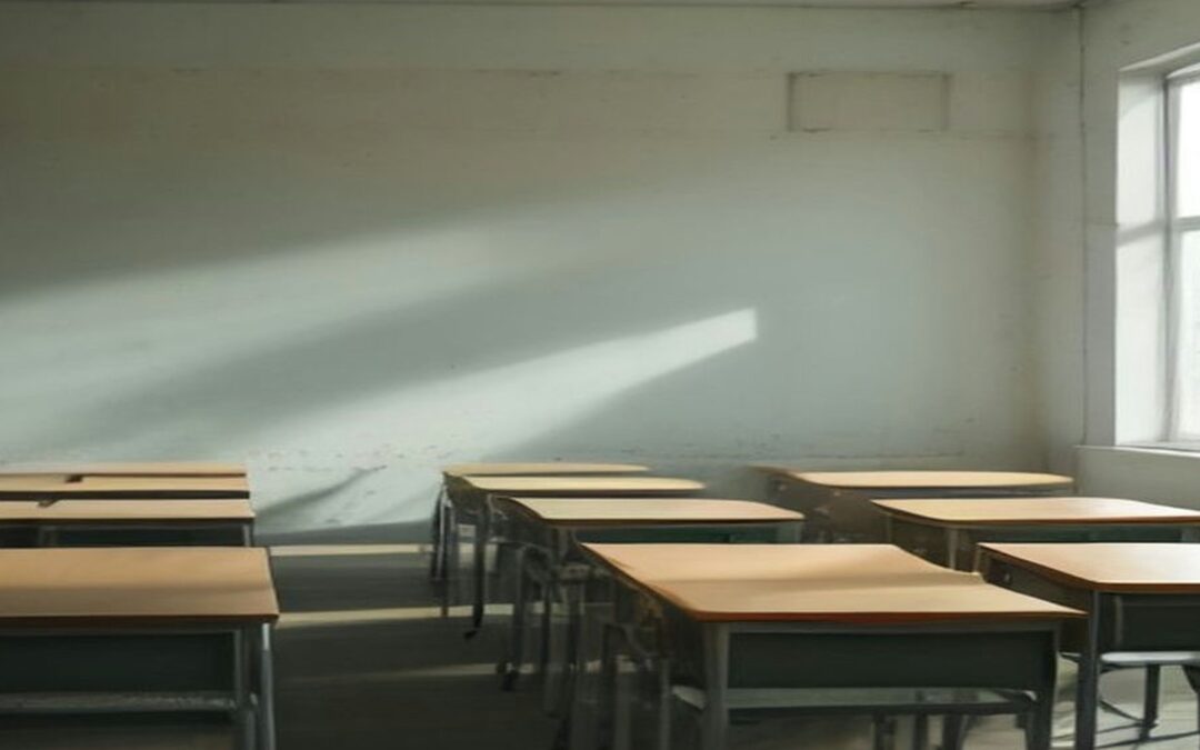 Salón de clases vacío con mesas y sillas de madera alineadas y luz de la mañana que entra por una ventana e ilumina la pared