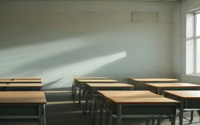 Salón de clases vacío con mesas y sillas de madera alineadas y luz de la mañana que entra por una ventana e ilumina la pared